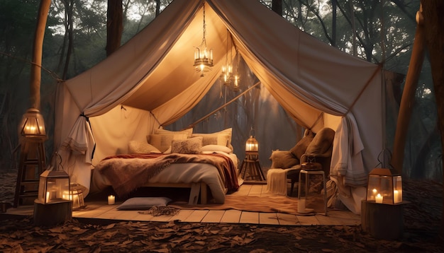 A tent in a forest with a candle on the table.