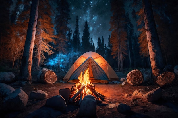 A tent in a forest with a fire in the foreground.