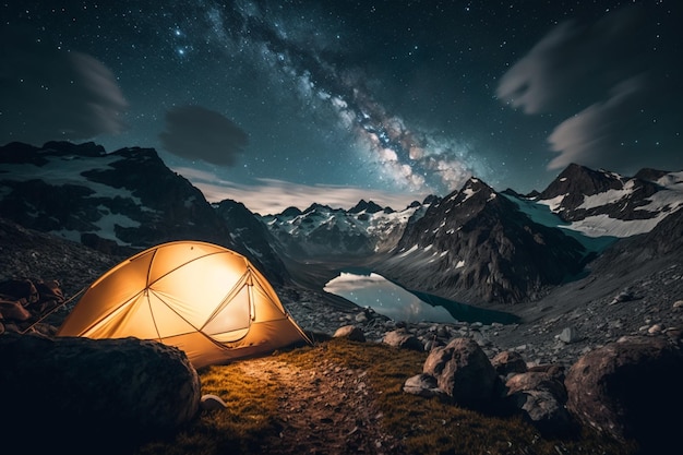 A tent in front of a mountain with the milky way in the background.