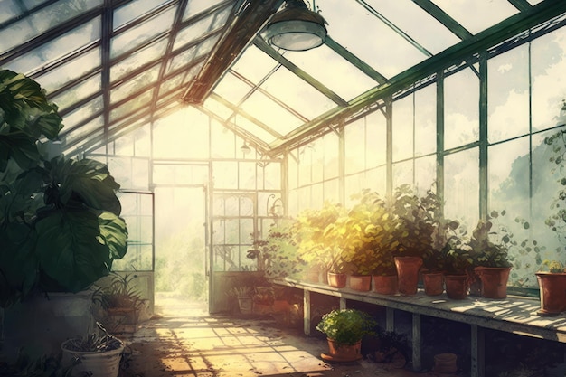 Tent glass greenhouse interior with plant