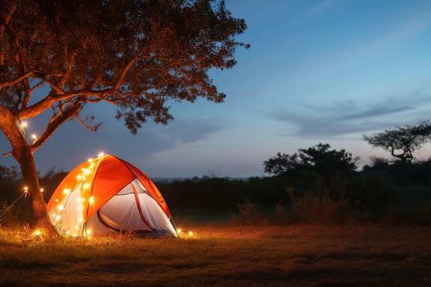 Tent illuminated by the soft glow of a lantern at dusk