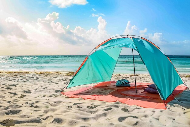 tent is on the beach and the sun is shining on the sand