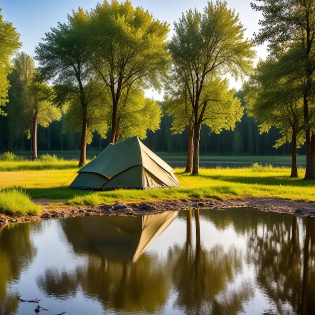 Photo a tent is next to a lake and trees