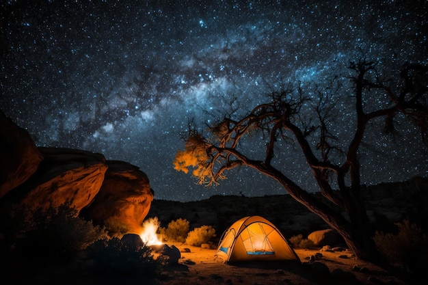 A tent is lit up by a tree and the milky way is visible in the background.