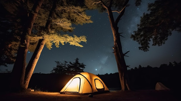 A tent is lit up at night under a starry sky.