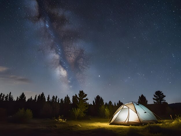 Photo a tent is lit up at night with the milky way in the background