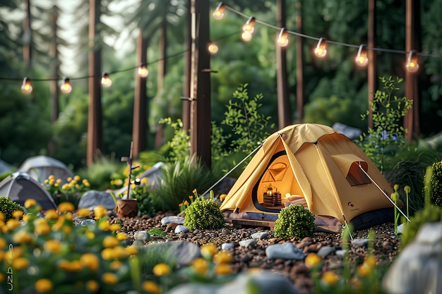 A tent is set up in a forest with lights strung above it and flowers and rocks around it and a