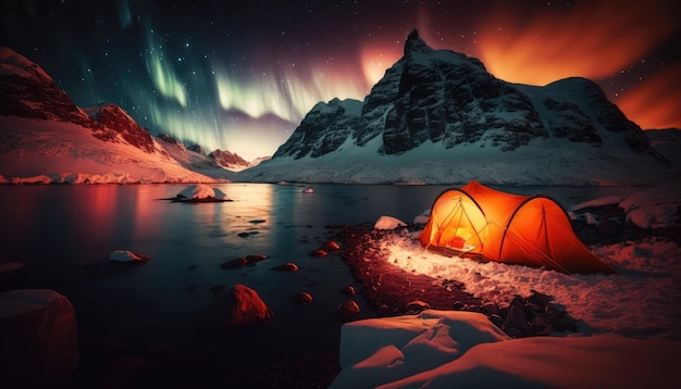 A tent is set up in front of a snowy mountain and the aurora is above it.