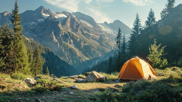 A tent is set up in the mountains