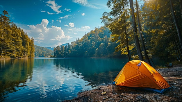 A tent is set up on the shore of a lake