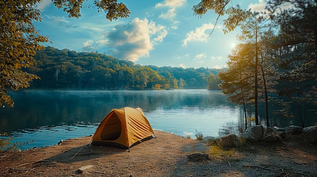 A tent is set up on the shore of a lake