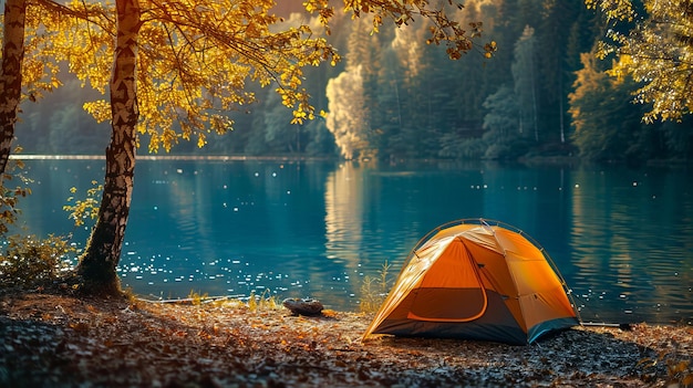 A tent is set up on the shore of a lake