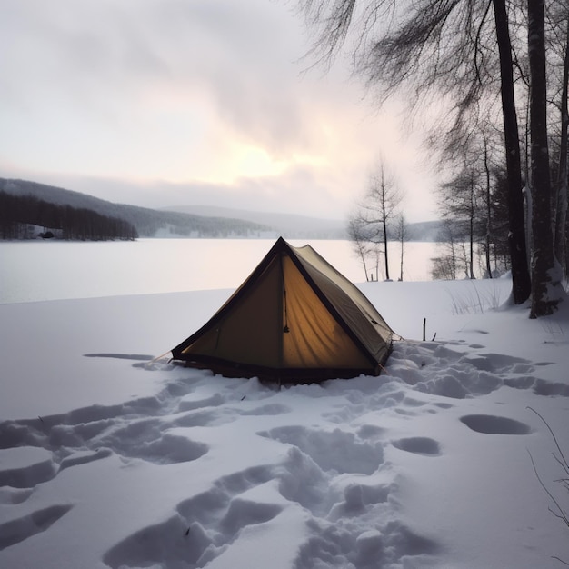 A tent is set up in the snow by a lake.