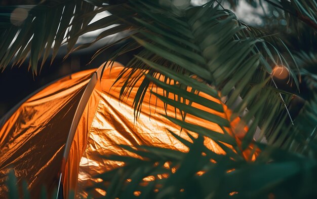 A tent in a jungle with palm leaves in the background