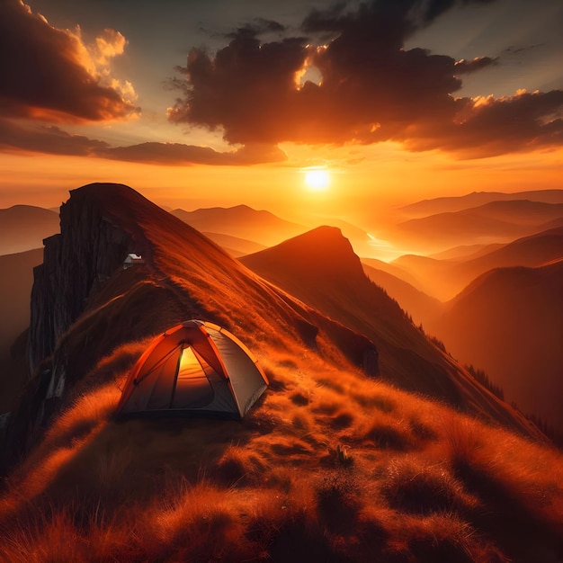 A tent on a mountain with the sun setting behind it