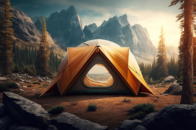 Tent between mountains eco vacation in nature