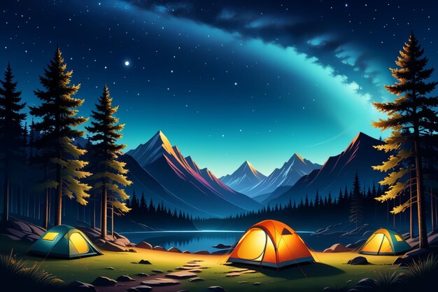 tent mountains lake pine tree and night blue sky