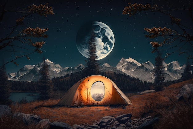 Tent between mountains at night with moon eco vacation