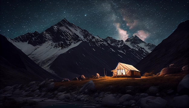 Tent in the mountains under the starry sky Generative AI