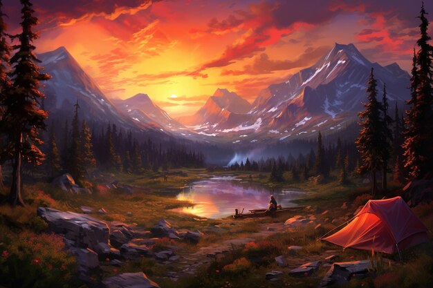 Tent in the mountains at sunset Beautiful summer landscape with a tent