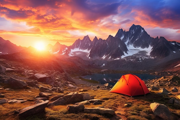 Tent in the mountains at sunset Beautiful summer landscape with a tent