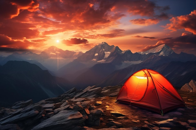 Tent in the mountains at sunset Beautiful summer landscape with a tent