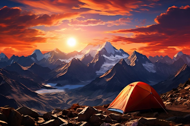 Tent in the mountains at sunset Beautiful summer landscape with a tent