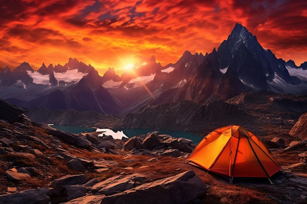 Tent in the mountains at sunset Beautiful summer landscape with a tent