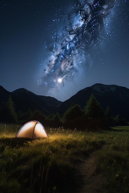 A tent in the mountains with the milky way in the background.