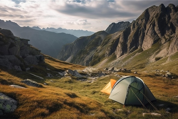 A tent in the mountains with the word camping on it