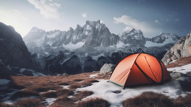 A tent in the mountains with the word winter on it