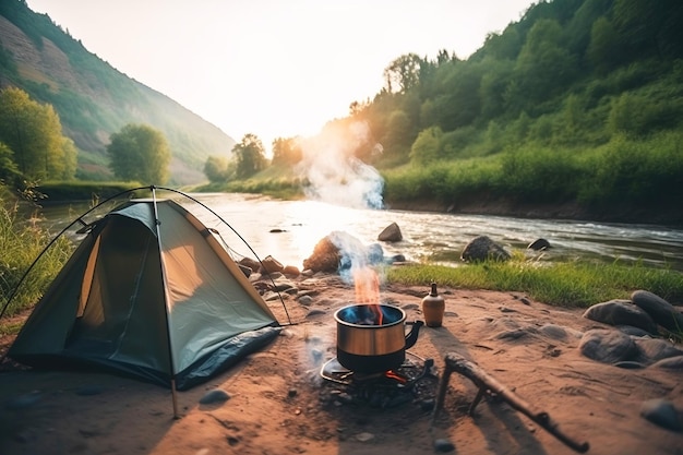 Tent near the river in summer with a fire and a pot from which steam comes from food AI generated