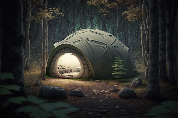 Tent in the night forest eco vacation in nature