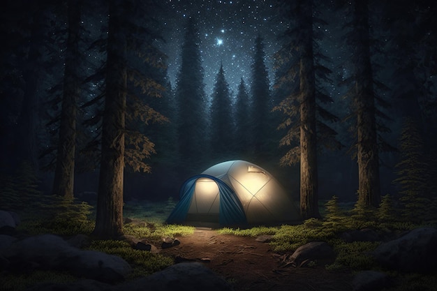 Tent in the night forest eco vacation in nature