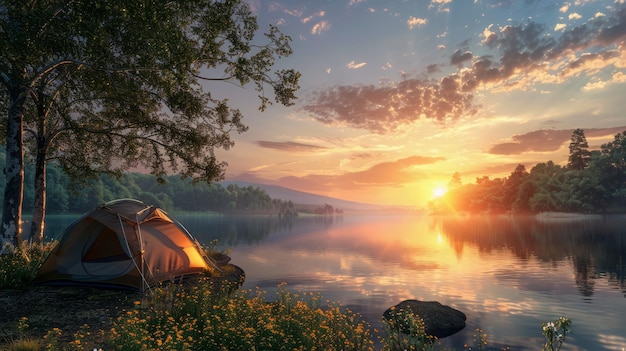 A tent set up beside a calm lake at sunset water reflecting the sky