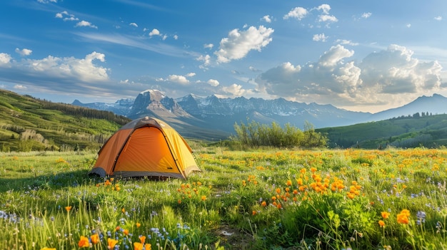 A tent set up at the edge of a meadow wildflowers