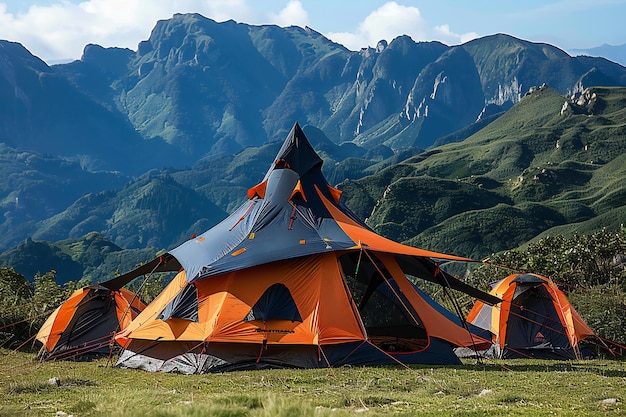 A tent set up on the grassy slopes of mountains overlooking beautiful scenery the background featu