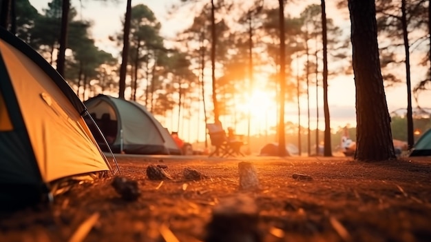 Photo tent set up under a large tree with a glowing sunset backdrop sunset camping with a tent beneath the tree offering a tranquil and scenic nature retreat