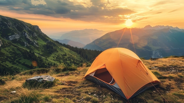 A tent set up in a scenic mountain clearing panoramic view