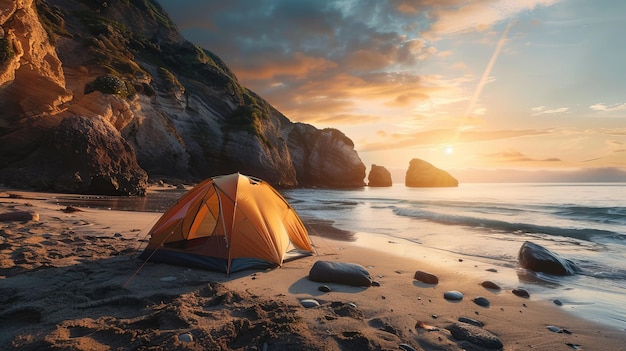 A tent set up in a secluded beach cove ocean waves and rocky cliffs sunset