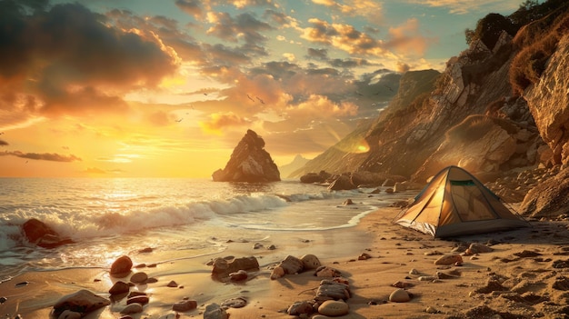 A tent set up in a secluded beach