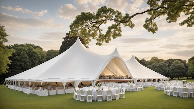 a tent set up for a wedding with tables and chairs