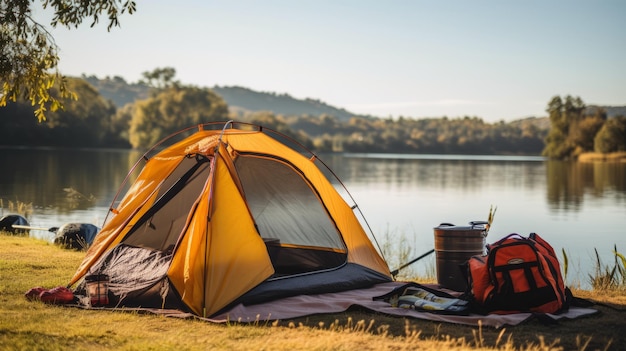 Tent sits on grass next to lake tent and camping gear on the grass by lake