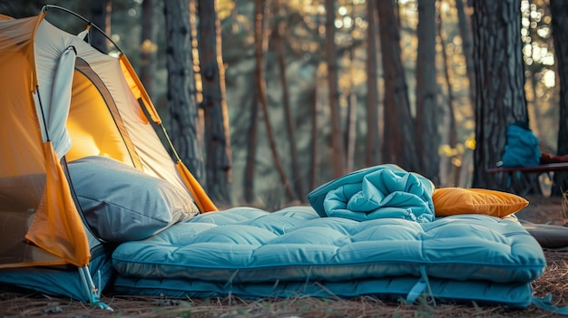 Photo a tent sleeping pad and pillow are arranged outside in a forest setting suggesting a comfortable and relaxing camping experience