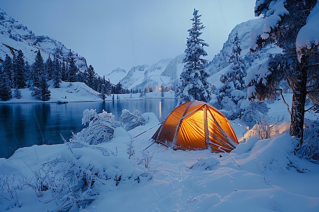 a tent in the snow by a lake