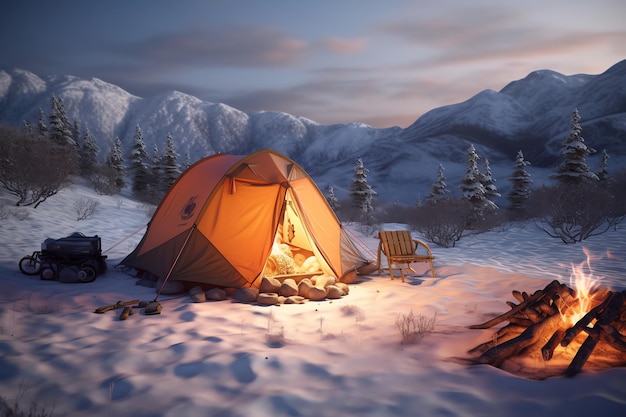 A tent in the snow with a snowy mountain in the background