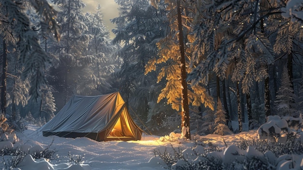 A tent in a snowy forest pine trees covered in snow warm light glowing from inside the tent winter w