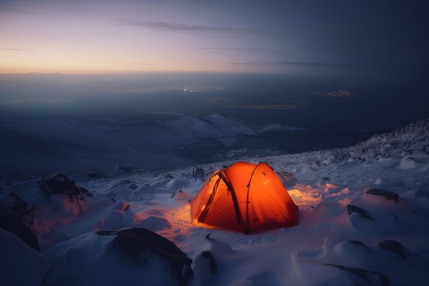 A tent under the starry sky on a cold winter night