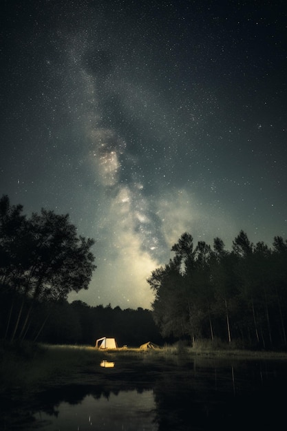 A tent under the stars is lit up in the dark sky.