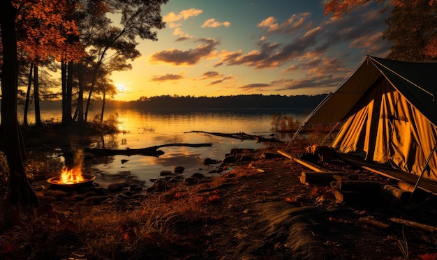 Tent at sunrise in the wooded area around an lake A tent is set up on the shore of a lake